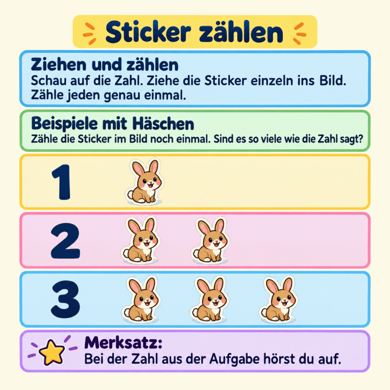 Sticker ziehen und zählen: Schau auf die Zahl, ziehe die Sticker einzeln ins Bild und zähle jeden genau einmal. Drei getrennte Beispiele mit Häschen zeigen: Zur 1 gehört ein Häschen, zur 2 gehören zwei und zur 3 gehören drei. Zähle die Sticker im Bild nach. Bei der Zahl aus der Aufgabe hörst du auf. Sticker zählen Ziehen und zählen: Schau auf die Zahl. Ziehe die Sticker einzeln ins Bild. Zähle jeden genau einmal. Beispiele mit Häschen: Zähle die Sticker im Bild noch einmal. Sind es so viele wie die Zahl sagt? Bei der Zahl aus der Aufgabe hörst du auf. 1 2 3 Merksatz: