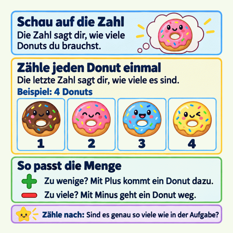 Die Zahl in der Aufgabe sagt, wie viele Donuts gebraucht werden. Ein Beispiel zeigt vier Donuts in einzelnen Kästchen. Jeder wird einmal gezählt: eins, zwei, drei, vier. Die letzte Zahl nennt die Anzahl. Bei zu wenigen Donuts fügt Plus einen hinzu. Bei zu vielen entfernt Minus einen. Zum Schluss wird nachgezählt, ob die Menge zur Aufgabenangabe passt. Schau auf die Zahl: Die Zahl sagt dir, wie viele Donuts du brauchst. Zähle jeden Donut einmal: Die letzte Zahl sagt dir, wie viele es sind. So passt die Menge: Zu wenige? Mit Plus kommt ein Donut dazu.
Zu viele? Mit Minus geht ein Donut weg. Zähle nach: Sind es genau so viele wie in der Aufgabe? Beispiel: 4 Donuts 1 2 3 4 + −