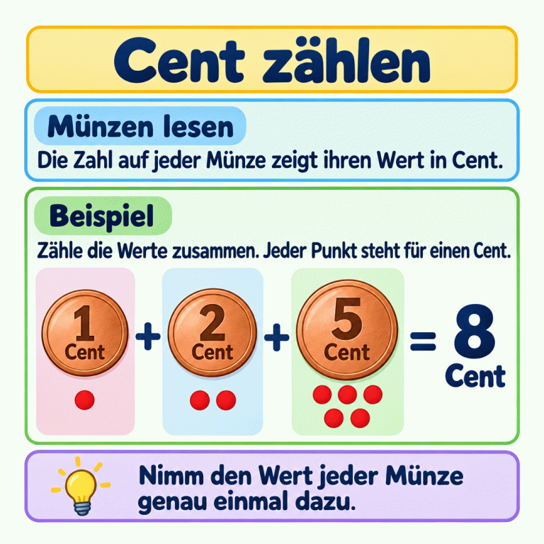 Beispiel zum Centzählen: Eine 1-Cent-Münze, eine 2-Cent-Münze und eine 5-Cent-Münze ergeben zusammen 8 Cent. Unter den Münzen stehen ein, zwei und fünf Punkte. Jeder Punkt steht für einen Cent. Der Wert jeder Münze wird genau einmal dazugezählt. Cent zählen Münzen lesen: Die Zahl auf jeder Münze zeigt ihren Wert in Cent. Beispiel: Zähle die Werte zusammen. Jeder Punkt steht für einen Cent. Nimm den Wert jeder Münze genau einmal dazu. 1 2 5 Cent + = 8