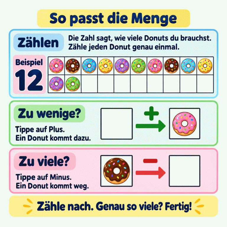 Die Zahl sagt, wie viele Donuts gebraucht werden. Zähle jeden Donut genau einmal. Als Beispiel stehen bei der Zahl zwölf genau zwölf Donuts in zwanzig Kästchen: eine volle Zehnerreihe und zwei weitere Donuts. Bei zu wenigen Donuts fügt Plus einen hinzu; ein leeres Kästchen wird besetzt. Bei zu vielen nimmt Minus einen weg; ein besetztes Kästchen wird leer. Zähle nach. Wenn es genau so viele wie verlangt sind, bist du fertig. So passt die Menge Zählen: Die Zahl sagt, wie viele Donuts du brauchst. Zähle jeden Donut genau einmal. Zu wenige?: Tippe auf Plus. Ein Donut kommt dazu. Zu viele?: Tippe auf Minus. Ein Donut kommt weg. Zähle nach. Genau so viele? Fertig! Beispiel 12 + −