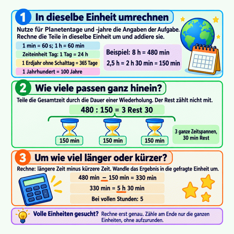 Eine Lernkarte erklärt zwei Rechenwege für Zeitaufgaben. Zuerst werden alle Zeitangaben in dieselbe Einheit umgerechnet. Für Planetentage und Planetenjahre gelten die Angaben der Aufgabe. Im gemeinsamen Beispiel werden 8 Stunden zu 480 Minuten und 2,5 Stunden zu 150 Minuten. Für vollständige Wiederholungen wird dividiert: Drei Zeitkärtchen mit jeweils 150 Minuten passen hinein, 30 Minuten bleiben übrig. Für einen Zeitunterschied wird subtrahiert: 480 minus 150 Minuten sind 330 Minuten, also 5 Stunden 30 Minuten. Sind volle Stunden gefragt, zählen davon 5. Erst genau rechnen und nur am Ende vollständige Einheiten bestimmen. In dieselbe Einheit umrechnen: Nutze für Planetentage und -jahre die Angaben der Aufgabe. Rechne die Teile in dieselbe Einheit um und addiere sie. Wie viele passen ganz hinein?: Teile die Gesamtzeit durch die Dauer einer Wiederholung. Der Rest zählt nicht mit. Um wie viel länger oder kürzer?: Rechne: längere Zeit minus kürzere Zeit. Wandle das Ergebnis in die gefragte Einheit um. Volle Einheiten gesucht? Rechne erst genau. Zähle am Ende nur die ganzen Einheiten, ohne aufzurunden. 1 min = 60 s; 1 h = 60 min Zeiteinheit Tag: 1 Tag = 24 h 1 Erdjahr ohne Schalttag = 365 Tage 1 Jahrhundert = 100 Jahre Beispiel: 8 h = 480 min 2,5 h = 2 h 30 min = 150 min 480 : 150 = 3 Rest 30 150 min 3 ganze Zeitspannen, 30 min Rest 480 min − 150 min = 330 min 330 min = 5 h 30 min Bei vollen Stunden: 5 1 2 3