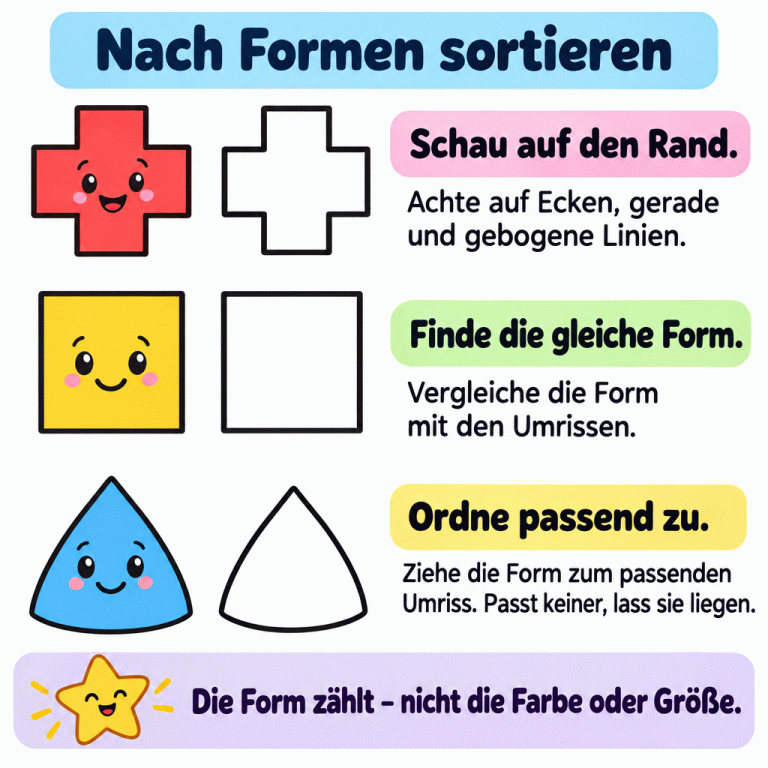 Drei Beispiele untereinander zeigen jeweils eine gefüllte Form neben einem passenden Umriss: ein Kreuz, ein Quadrat und eine spitze Form mit gebogenen Rändern. Die Anleitung erklärt: Ecken und Randlinien betrachten, die Form mit den Umrissen vergleichen und passend zuordnen. Ohne passenden Umriss bleibt die Figur liegen. Entscheidend ist die Form, nicht die Farbe oder Größe. Nach Formen sortieren Schau auf den Rand.: Achte auf Ecken, gerade und gebogene Linien. Finde die gleiche Form.: Vergleiche die Form mit den Umrissen. Ordne passend zu.: Ziehe die Form zum passenden Umriss. Passt keiner, lass sie liegen. Die Form zählt – nicht die Farbe oder Größe.