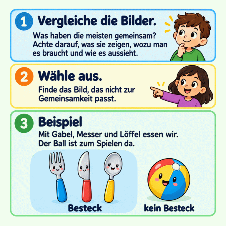 Vergleiche, was die meisten Bilder gemeinsam haben: was sie zeigen, wozu man es braucht oder wie es aussieht. Wähle das Bild, das nicht zu dieser Gemeinsamkeit passt. Im Beispiel gehören Gabel, Messer und Löffel zum Besteck. Der Ball ist zum Spielen da und gehört nicht zum Besteck. Vergleiche die Bilder.: Was haben die meisten gemeinsam? Achte darauf, was sie zeigen, wozu man es braucht und wie es aussieht. Wähle aus.: Finde das Bild, das nicht zur Gemeinsamkeit passt. Beispiel: Mit Gabel, Messer und Löffel essen wir. Der Ball ist zum Spielen da. Besteck kein Besteck 1 2 3
