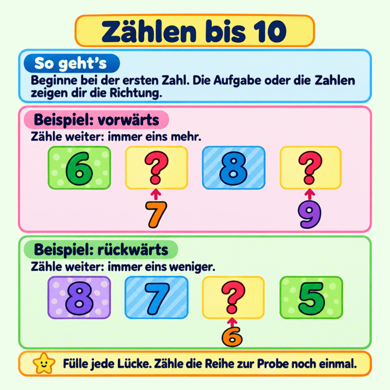 Zählen bis 10: Beginne bei der ersten Zahl und erkenne die Richtung an der Aufgabe oder den Zahlen. Vorwärts zählt man immer eins mehr. Im Beispiel 6, Lücke, 8, Lücke werden 7 und 9 eingesetzt. Rückwärts zählt man immer eins weniger. Im Beispiel 8, 7, Lücke, 5 wird 6 eingesetzt. Fülle jede Lücke und zähle die ganze Reihe zur Probe noch einmal. Zählen bis 10 So geht’s: Beginne bei der ersten Zahl. Die Aufgabe oder die Zahlen zeigen dir die Richtung. Beispiel: vorwärts: Zähle weiter: immer eins mehr. Beispiel: rückwärts: Zähle weiter: immer eins weniger. Fülle jede Lücke. Zähle die Reihe zur Probe noch einmal. 6 7 8 9 5 ?