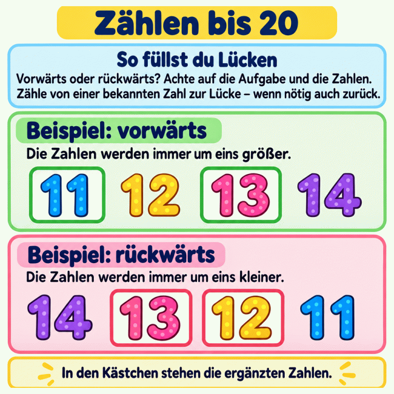Zählen bis 20: Achte auf die Aufgabe und die bekannten Zahlen. Zähle von einer bekannten Zahl zur Lücke, wenn nötig auch zurück. Das Vorwärtsbeispiel lautet 11, 12, 13, 14: Die Zahlen werden jeweils um eins größer. Die ergänzten Zahlen 11 und 13 stehen in Kästchen. Das Rückwärtsbeispiel lautet 14, 13, 12, 11: Die Zahlen werden jeweils um eins kleiner. Hier stehen die ergänzten Zahlen 13 und 12 in Kästchen. Zählen bis 20 So füllst du Lücken: Vorwärts oder rückwärts? Achte auf die Aufgabe und die Zahlen. Zähle von einer bekannten Zahl zur Lücke – wenn nötig auch zurück. Beispiel: vorwärts: Die Zahlen werden immer um eins größer. Beispiel: rückwärts: Die Zahlen werden immer um eins kleiner. In den Kästchen stehen die ergänzten Zahlen. 11 12 13 14