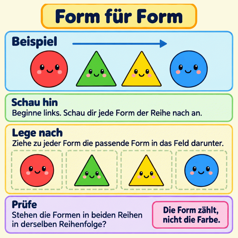 Ein Beispiel zeigt oben einen Kreis, zwei Dreiecke und wieder einen Kreis. Darunter liegen dieselben Formen in derselben Reihenfolge. Die Anleitung erklärt: links beginnen, jede Form der Reihe nach ansehen, die passende Form darunter legen und beide Reihen vergleichen. Die Form zählt, nicht die Farbe. Form für Form Schau hin: Beginne links. Schau dir jede Form der Reihe nach an. Lege nach: Ziehe zu jeder Form die passende Form in das Feld darunter. Prüfe: Stehen die Formen in beiden Reihen in derselben Reihenfolge? Die Form zählt, nicht die Farbe. Beispiel