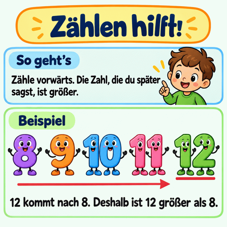 Zählen hilft beim Vergleichen. Eine Zahlenreihe zeigt als Beispiel 8, 9, 10, 11 und 12. Beim Vorwärtszählen kommt 12 nach 8. Deshalb ist 12 größer als 8. Zählen hilft! So geht’s: Zähle vorwärts. Die Zahl, die du später sagst, ist größer. Beispiel: 12 kommt nach 8. Deshalb ist 12 größer als 8. 8 9 10 11 12
