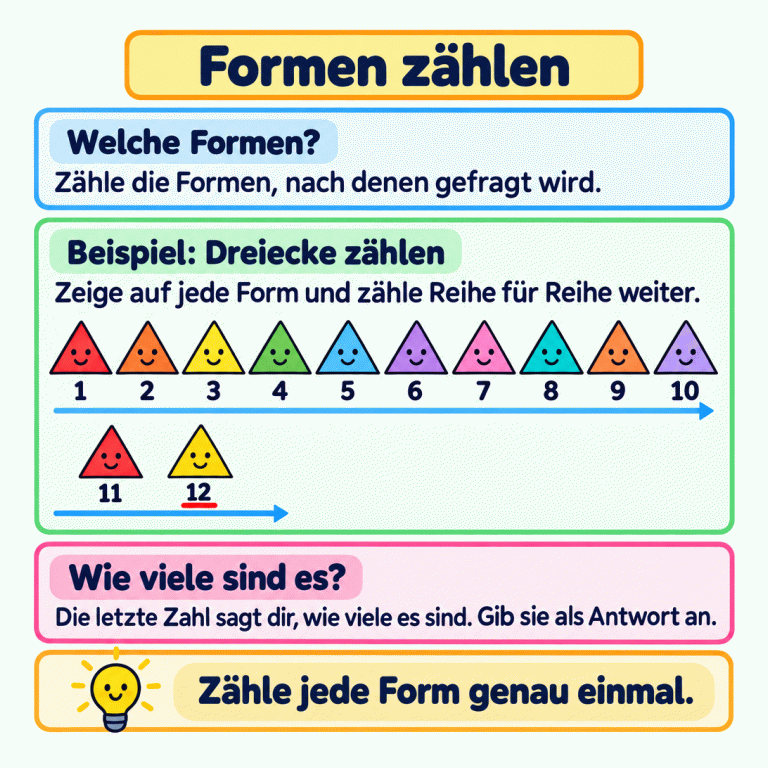 Formen zählen: Zähle die Formen, nach denen gefragt wird. Das Beispiel zeigt zwölf Dreiecke in zwei Reihen. Unter jedem Dreieck steht eine Zählzahl: oben eins bis zehn, darunter elf und zwölf. Zähle in der nächsten Reihe weiter und jede Form genau einmal. Die letzte Zahl, zwölf, sagt, wie viele Dreiecke es im Beispiel sind. Formen zählen Welche Formen?: Zähle die Formen, nach denen gefragt wird. Beispiel: Dreiecke zählen: Zeige auf jede Form und zähle Reihe für Reihe weiter. Wie viele sind es?: Die letzte Zahl sagt dir, wie viele es sind. Gib sie als Antwort an. Zähle jede Form genau einmal. 1 2 3 4 5 6 7 8 9 10 11 12