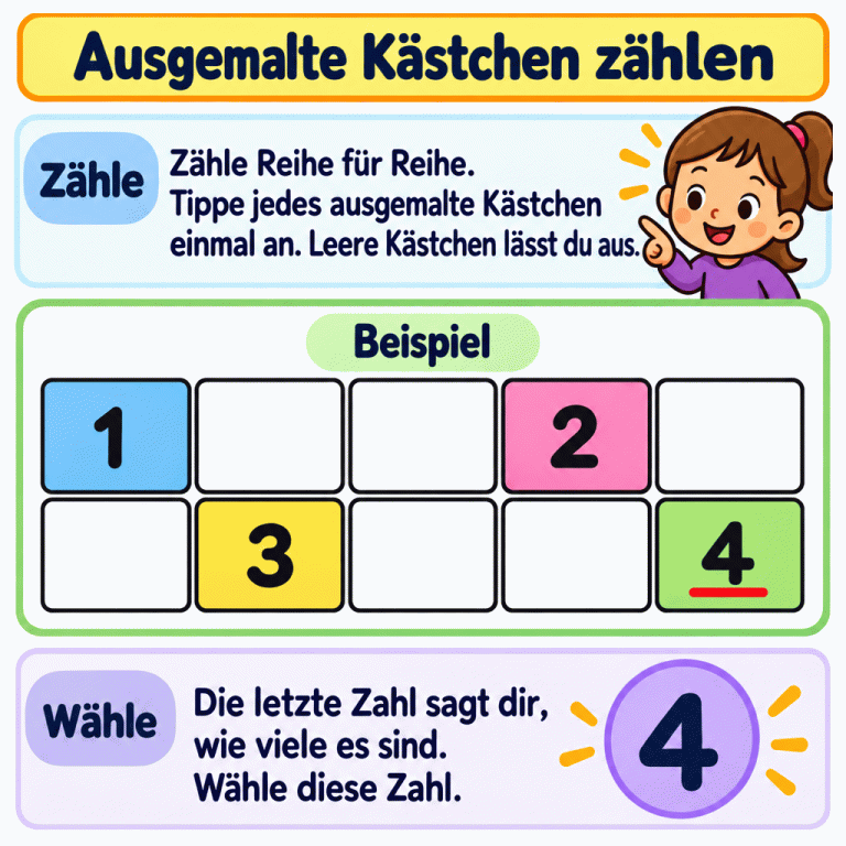 Ein Beispiel zeigt zehn Kästchen in zwei Reihen. Vier sind ausgemalt, sechs sind leer. Nur die ausgemalten Kästchen sind der Reihe nach mit 1, 2, 3 und 4 beschriftet. Daneben steht als passende Zahl eine große 4. Zähle jedes ausgemalte Kästchen einmal und lasse die leeren aus. Die letzte Zahl sagt dir, wie viele Kästchen ausgemalt sind. Ausgemalte Kästchen zählen Zähle: Zähle Reihe für Reihe. Tippe jedes ausgemalte Kästchen einmal an. Leere Kästchen lässt du aus. Wähle: Die letzte Zahl sagt dir, wie viele es sind. Wähle diese Zahl. Beispiel 1 2 3 4