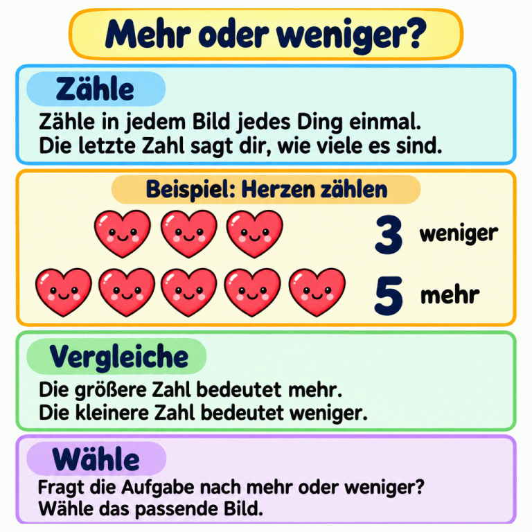 Mehr oder weniger? Zähle in jedem Bild jedes Ding einmal. Die letzte Zahl sagt, wie viele es sind. Das Beispiel zeigt zwei Gruppen: drei Herzen mit der Beschriftung „weniger“ und fünf Herzen mit der Beschriftung „mehr“. Die größere Zahl bedeutet mehr, die kleinere Zahl weniger. Achte darauf, wonach die Aufgabe fragt. Mehr oder weniger? Zähle: Zähle in jedem Bild jedes Ding einmal. Die letzte Zahl sagt dir, wie viele es sind. Vergleiche: Die größere Zahl bedeutet mehr. Die kleinere Zahl bedeutet weniger. Wähle: Fragt die Aufgabe nach mehr oder weniger? Wähle das passende Bild. Beispiel: Herzen zählen 3 weniger 5 mehr