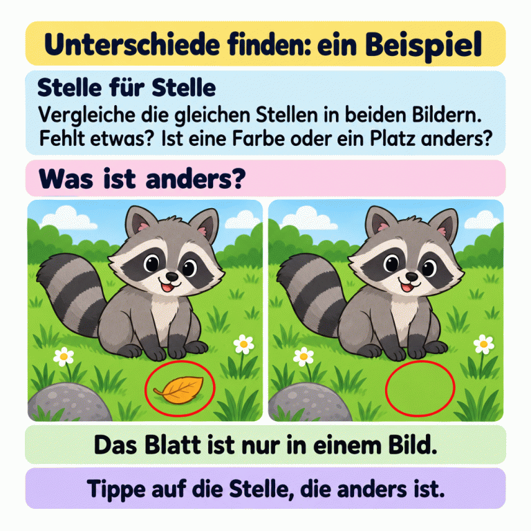 Ein Beispiel zeigt zwei gleiche Waschbärbilder auf einer Wiese. Links liegt ein Blatt, das rechts fehlt. Sonst ist alles gleich. Zwei Ringe markieren die entsprechenden Stellen. Die Anleitung erklärt, beide Bilder Stelle für Stelle zu vergleichen und auf die unterschiedliche Stelle zu tippen. Unterschiede finden: ein Beispiel Stelle für Stelle: Vergleiche die gleichen Stellen in beiden Bildern. Fehlt etwas? Ist eine Farbe oder ein Platz anders? Was ist anders?: Das Blatt ist nur in einem Bild. Tippe auf die Stelle, die anders ist.