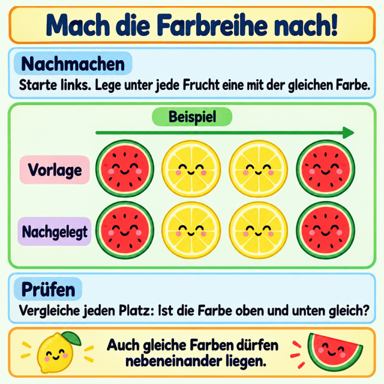 Ein Beispiel zeigt zwei Fruchtreihen untereinander. In der Vorlage liegen von links nach rechts eine rote Melonenscheibe, zwei gelbe Zitronenscheiben und wieder eine rote Melonenscheibe. Darunter ist dieselbe Reihe nachgelegt. An jedem Platz stimmen die Farben oben und unten überein. Auch die beiden gelben Früchte bleiben nebeneinander. Mach die Farbreihe nach! Nachmachen: Starte links. Lege unter jede Frucht eine mit der gleichen Farbe. Prüfen: Vergleiche jeden Platz: Ist die Farbe oben und unten gleich? Auch gleiche Farben dürfen nebeneinander liegen. Beispiel Vorlage Nachgelegt