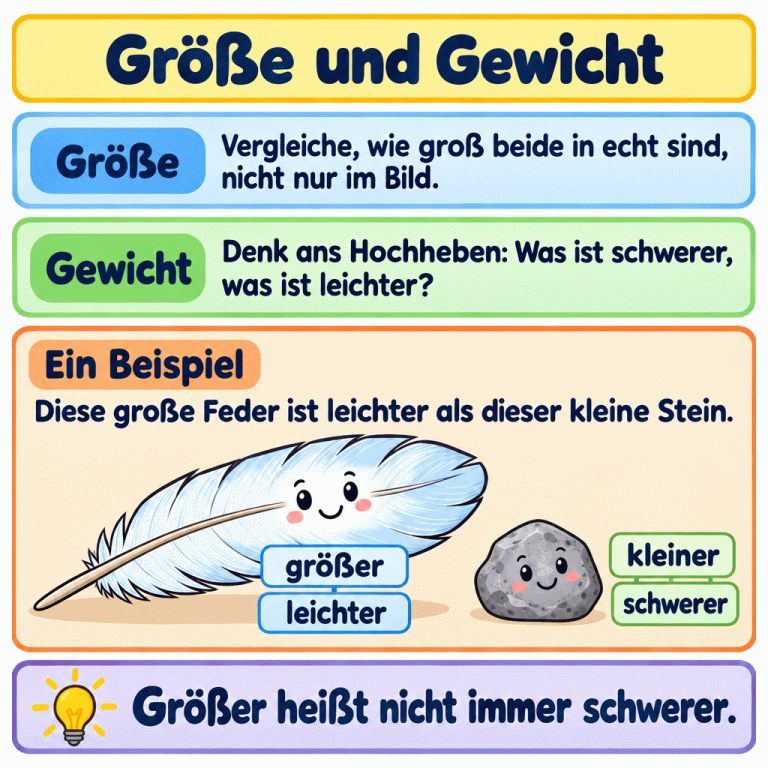 Größe und Gewicht sind verschieden. Vergleiche die Größe im echten Leben und denke beim Gewicht ans Hochheben. Als Beispiel sind eine große Feder und ein kleiner Stein zu sehen. Die Feder ist größer, aber leichter. Der Stein ist kleiner, aber schwerer. Größer heißt nicht immer schwerer. Größe und Gewicht Größe: Vergleiche, wie groß beide in echt sind, nicht nur im Bild. Gewicht: Denk ans Hochheben: Was ist schwerer, was ist leichter? Ein Beispiel: Diese große Feder ist leichter als dieser kleine Stein. Größer heißt nicht immer schwerer. größer leichter kleiner schwerer