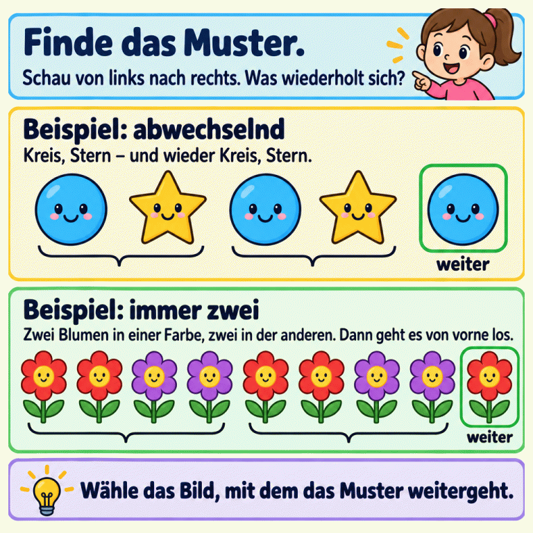 Zwei Beispiele zeigen, wie Muster weitergehen. In der ersten Reihe stehen Kreis, Stern, Kreis und Stern. Danach folgt wieder ein Kreis. In der zweiten Reihe stehen zweimal zwei Blumen der einen Farbe und zwei Blumen der anderen Farbe hintereinander. Danach folgt wieder eine Blume der ersten Farbe. Klammern zeigen die wiederkehrenden Folgen. Das nächste Bild ist jeweils mit „weiter“ beschriftet. Finde das Muster.: Schau von links nach rechts. Was wiederholt sich? Beispiel: abwechselnd: Kreis, Stern – und wieder Kreis, Stern. Beispiel: immer zwei: Zwei Blumen in einer Farbe, zwei in der anderen. Dann geht es von vorne los. Wähle das Bild, mit dem das Muster weitergeht. weiter