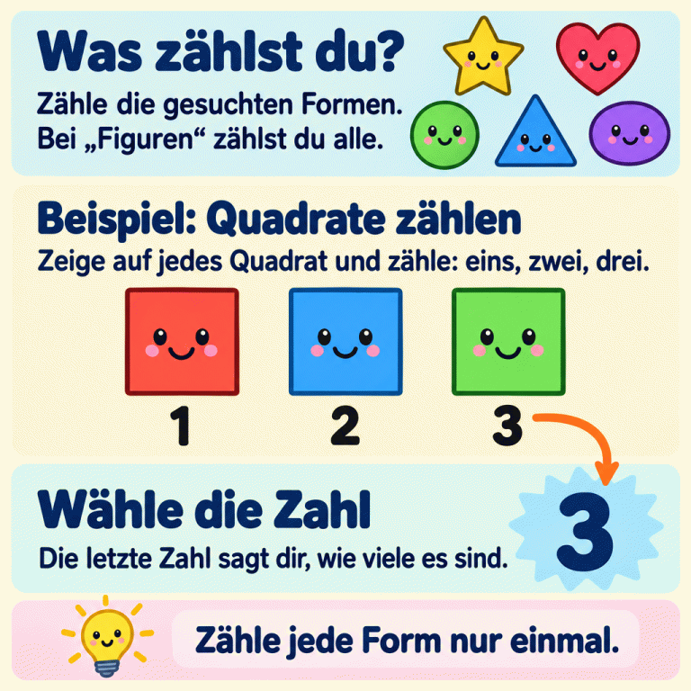 Eine Zählhilfe erklärt: Zähle die gesuchten Formen; bei der Frage nach Figuren zählst du alle. Das Beispiel zeigt drei Quadrate mit den Zählziffern 1, 2 und 3. Die letzte Zählzahl 3 wird mit der Gesamtzahl 3 verbunden. Wähle die passende Zahl und zähle jede Form nur einmal. Was zählst du?: Zähle die gesuchten Formen. Bei „Figuren“ zählst du alle. Beispiel: Quadrate zählen: Zeige auf jedes Quadrat und zähle: eins, zwei, drei. Wähle die Zahl: Die letzte Zahl sagt dir, wie viele es sind. Zähle jede Form nur einmal. 1 2 3