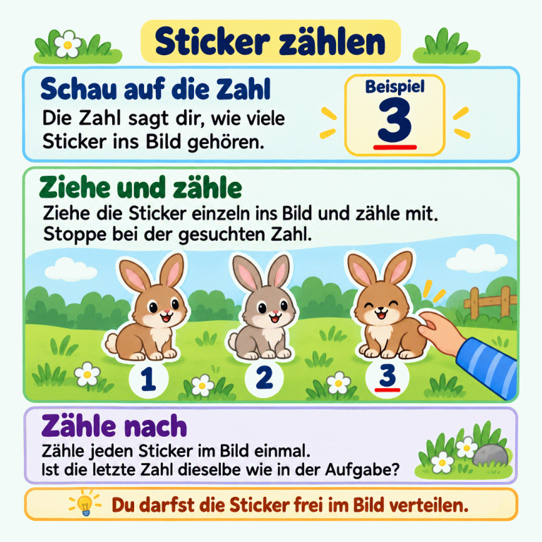 Eine Anleitung zum Zählen mit Stickern: Die Zahl zeigt, wie viele Sticker ins Bild gehören. Ziehe sie einzeln hinein, zähle mit und stoppe bei der gesuchten Zahl. Im gekennzeichneten Beispiel steht die Zahl 3 bei einem Bild mit genau drei Häschen. Jedem Häschen ist eine Zählzahl zugeordnet: 1, 2, 3. Die letzte Zählzahl stimmt mit der Vorgabe überein. Zähle zur Kontrolle jeden Sticker im Bild einmal. Die Sticker dürfen frei im Bild verteilt werden. Sticker zählen Schau auf die Zahl: Die Zahl sagt dir, wie viele Sticker ins Bild gehören. Ziehe und zähle: Ziehe die Sticker einzeln ins Bild und zähle mit. Stoppe bei der gesuchten Zahl. Zähle nach: Zähle jeden Sticker im Bild einmal. Ist die letzte Zahl dieselbe wie in der Aufgabe? Du darfst die Sticker frei im Bild verteilen. Beispiel 3 1 2
