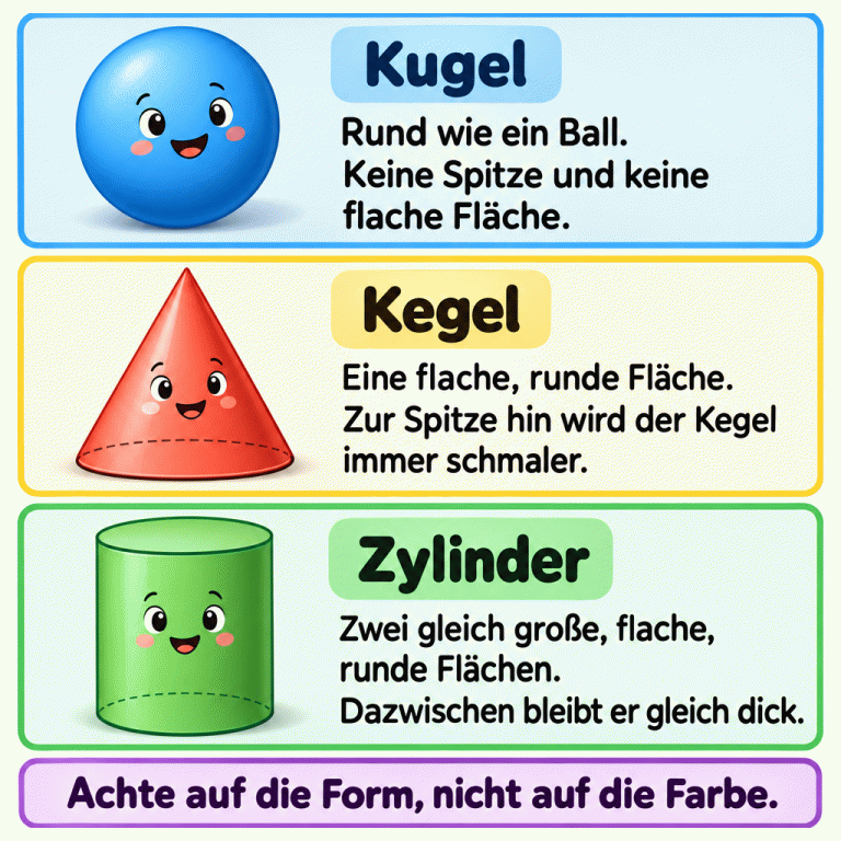 Drei Körper mit ihren Merkmalen: Die Kugel ist rund wie ein Ball, ohne Spitze und ohne flache Fläche. Der Kegel hat eine flache, runde Fläche und wird zur Spitze hin schmaler. Der Zylinder hat zwei gleich große, flache, runde Flächen und bleibt dazwischen gleich dick. Achte auf die Form, nicht auf die Farbe. Kugel: Rund wie ein Ball. Keine Spitze und keine flache Fläche. Kegel: Eine flache, runde Fläche. Zur Spitze hin wird der Kegel immer schmaler. Zylinder: Zwei gleich große, flache, runde Flächen. Dazwischen bleibt er gleich dick. Achte auf die Form, nicht auf die Farbe.