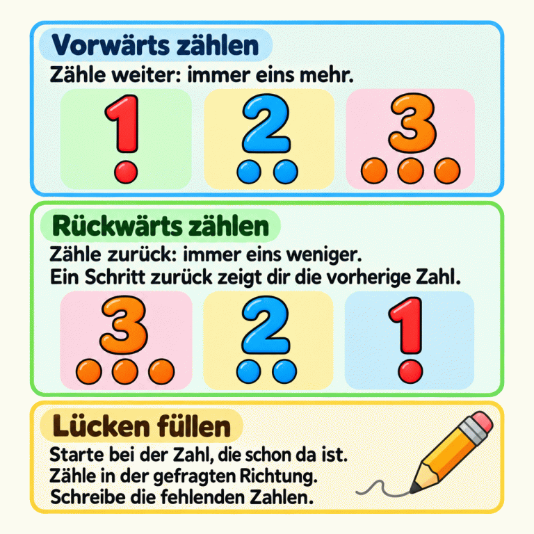 Zwei Zahlenreihen zeigen das Zählen in beide Richtungen: vorwärts 1, 2, 3, rückwärts 3, 2, 1. Unter jeder Zahl steht die passende Anzahl von Punkten. Vorwärts wird es bei jedem Schritt eins mehr, rückwärts eins weniger. Ein Schritt zurück ergibt die vorherige Zahl. Zum Ergänzen einer Reihe beginnt man bei einer vorhandenen Zahl, zählt in der gefragten Richtung und schreibt die fehlenden Zahlen. Vorwärts zählen: Zähle weiter: immer eins mehr. Rückwärts zählen: Zähle zurück: immer eins weniger. Ein Schritt zurück zeigt dir die vorherige Zahl. Lücken füllen: Starte bei der Zahl, die schon da ist. Zähle in der gefragten Richtung. Schreibe die fehlenden Zahlen. 1 2 3