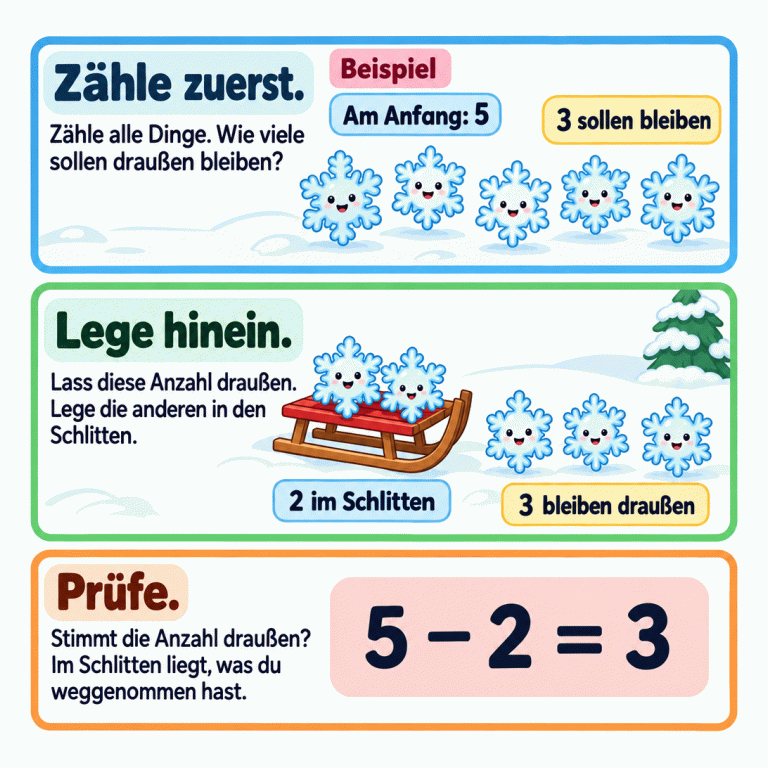 Ein Beispiel erklärt das Wegnehmen: Am Anfang sind fünf Schneeflocken da, drei sollen draußen bleiben. Danach liegen zwei im Schlitten und drei bleiben außerhalb. Die Rechnung dazu lautet: fünf minus zwei gleich drei. Zähle zuerst, lass die verlangte Anzahl draußen und prüfe zum Schluss durch Nachzählen. Zähle zuerst.: Zähle alle Dinge. Wie viele sollen draußen bleiben? Lege hinein.: Lass diese Anzahl draußen. Lege die anderen in den Schlitten. Prüfe.: Stimmt die Anzahl draußen? Im Schlitten liegt, was du weggenommen hast. Beispiel Am Anfang: 5 3 sollen bleiben 2 im Schlitten 3 bleiben draußen 5 − 2 = 3