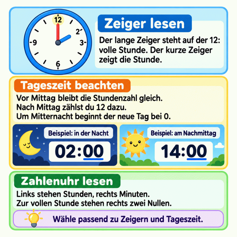 Eine analoge Beispieluhr zeigt mit dem langen Zeiger auf die Zwölf und mit dem kurzen auf die Zwei. Dieselbe Zeigerstellung bedeutet nachts nach Mitternacht 02:00 und am Nachmittag 14:00. Die Erklärung zeigt: zuerst die Zeiger lesen, dann die Tageszeit beachten. Vor Mittag bleibt die Stundenzahl gleich, nach Mittag werden zwölf dazugezählt. Um Mitternacht beginnt der neue Tag bei null. In der Zahlenuhr stehen die Stunden links und die Minuten rechts vom Doppelpunkt; volle Stunden haben rechts zwei Nullen. Zeiger lesen: Der lange Zeiger steht auf der 12: volle Stunde. Der kurze Zeiger zeigt die Stunde. Tageszeit beachten: Vor Mittag bleibt die Stundenzahl gleich. Nach Mittag zählst du 12 dazu. Um Mitternacht beginnt der neue Tag bei 0. Zahlenuhr lesen: Links stehen Stunden, rechts Minuten. Zur vollen Stunde stehen rechts zwei Nullen. Wähle passend zu Zeigern und Tageszeit. 12 2 3 6 9 Beispiel: in der Nacht 02:00 Beispiel: am Nachmittag 14:00
