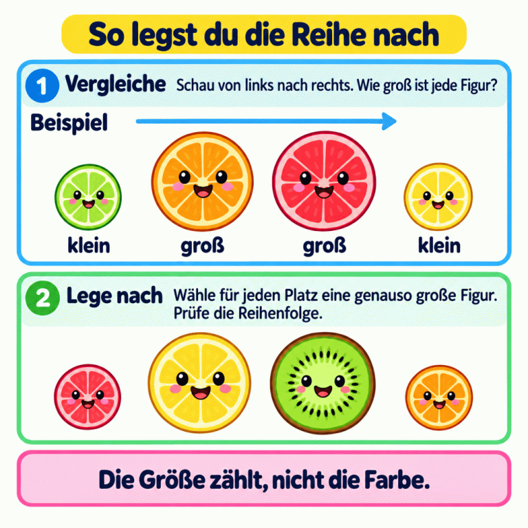 Ein Lehrbeispiel zeigt zwei Reihen mit jeweils vier runden Figuren. Beide haben von links nach rechts dieselbe Größenfolge: klein, groß, groß, klein. Die untere Reihe legt die obere nach. Für jeden Platz wird eine genauso große Figur gewählt. Die Farbe ist dabei unwichtig. So legst du die Reihe nach Vergleiche: Schau von links nach rechts. Wie groß ist jede Figur? Lege nach: Wähle für jeden Platz eine genauso große Figur. Prüfe die Reihenfolge. Die Größe zählt, nicht die Farbe. Beispiel klein groß 1 2