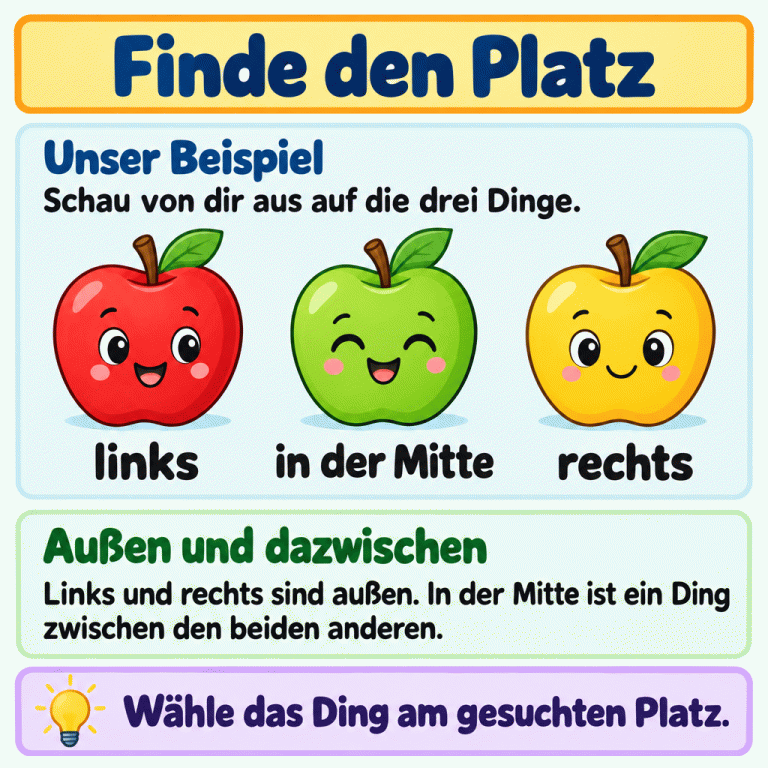 Drei freundliche Apfelfiguren stehen mit Abstand nebeneinander. Aus deiner Sicht steht unter der linken Figur „links“, unter der Figur zwischen den beiden anderen „in der Mitte“ und unter der rechten Figur „rechts“. Links und rechts sind die äußeren Plätze. Finde den Platz Unser Beispiel: Schau von dir aus auf die drei Dinge. Außen und dazwischen: Links und rechts sind außen. In der Mitte ist ein Ding zwischen den beiden anderen. Wähle das Ding am gesuchten Platz. links in der Mitte rechts