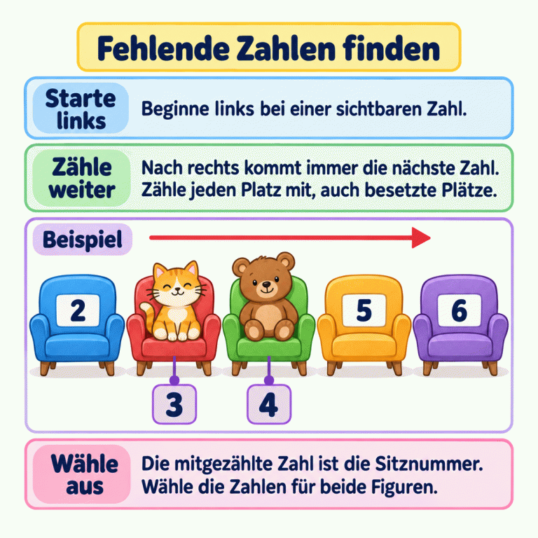 Eine Erklärung zum Finden fehlender Sitznummern: Beginne links bei einer sichtbaren Zahl und zähle nach rechts jeden Platz mit. Im Beispiel stehen fünf Sessel in einer Reihe. Sichtbar sind die Zahlen 2, 5 und 6. Auf den beiden Plätzen dazwischen sitzen eine Katze und ein Bär. Unter ihren Sesseln stehen die erschlossenen Zahlen 3 und 4. Auch besetzte Plätze werden mitgezählt. Wähle in der Aufgabe die Sitznummern für beide gesuchten Figuren. Fehlende Zahlen finden Starte links: Beginne links bei einer sichtbaren Zahl. Zähle weiter: Nach rechts kommt immer die nächste Zahl. Zähle jeden Platz mit, auch besetzte Plätze. Wähle aus: Die mitgezählte Zahl ist die Sitznummer. Wähle die Zahlen für beide Figuren. Beispiel 2 3 4 5 6
