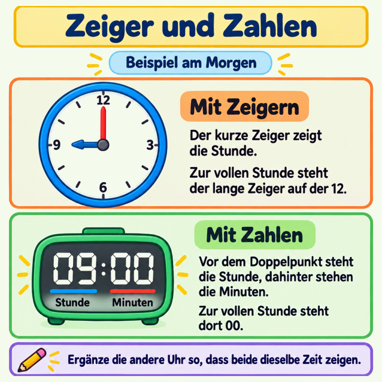 Ein Lehrbeispiel am Morgen zeigt dieselbe Zeit auf zwei Uhren. Auf der Zeigeruhr zeigt der kurze Zeiger auf die 9 und der lange auf die 12. Die digitale Uhr zeigt 09:00. Vor dem Doppelpunkt steht die Stunde, dahinter stehen die Minuten. Bei einer vollen Stunde zeigt der lange Zeiger auf die 12 und die digitale Minutenanzeige lautet 00. Zeiger und Zahlen Mit Zeigern: Der kurze Zeiger zeigt die Stunde. Zur vollen Stunde steht der lange Zeiger auf der 12. Mit Zahlen: Vor dem Doppelpunkt steht die Stunde, dahinter stehen die Minuten. Zur vollen Stunde steht dort 00. Ergänze die andere Uhr so, dass beide dieselbe Zeit zeigen. Beispiel am Morgen 12 3 6 9 09:00 Stunde Minuten