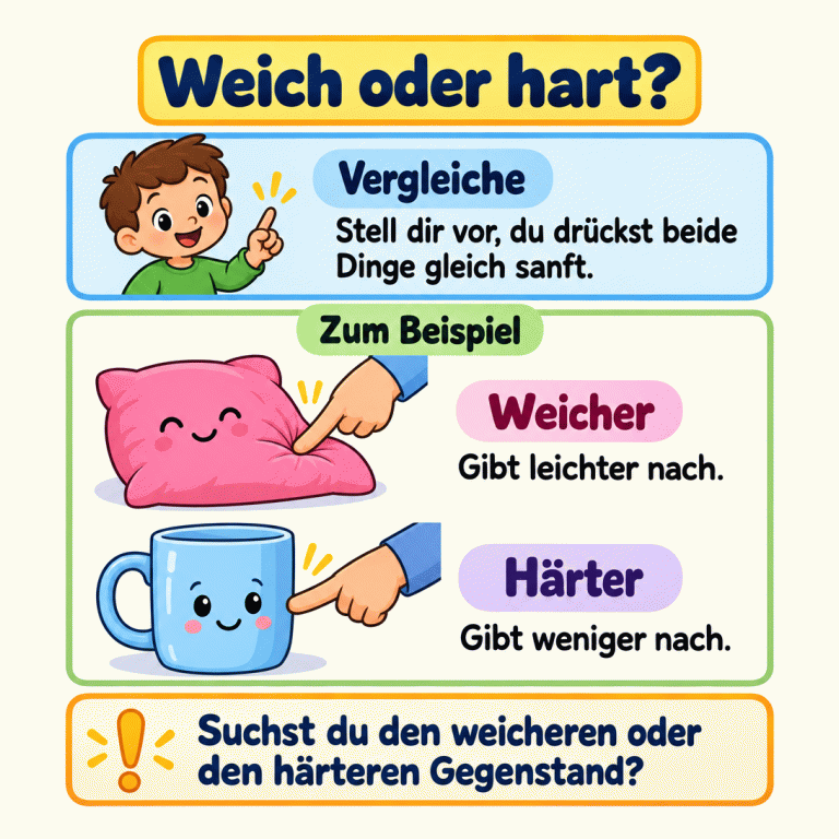 Weich oder hart? Stell dir vor, du drückst beide Dinge gleich sanft. Als Beispiel werden ein Kissen und eine feste Tasse gezeigt. Eine Fingerspitze drückt das Kissen sichtbar ein: Es ist weicher und gibt leichter nach. Die Tasse bleibt beim sanften Drücken unverformt: Sie ist härter und gibt weniger nach. Achte darauf, ob du den weicheren oder den härteren Gegenstand suchst. Weich oder hart? Vergleiche: Stell dir vor, du drückst beide Dinge gleich sanft. Weicher: Gibt leichter nach. Härter: Gibt weniger nach. Suchst du den weicheren oder den härteren Gegenstand? Zum Beispiel !