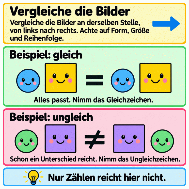 Zwei Beispiele erklären den Vergleich von Bilderreihen. Beim Gleichzeichen zeigen beide Reihen einen kleinen Kreis und danach ein größeres Quadrat. Beim Ungleichzeichen ist diese Reihenfolge auf der rechten Seite vertauscht. Verglichen werden die Bilder an derselben Stelle nach Form, Größe und Reihenfolge. Nur Zählen reicht hier nicht. Vergleiche die Bilder: Vergleiche die Bilder an derselben Stelle, von links nach rechts. Achte auf Form, Größe und Reihenfolge. Beispiel: gleich: Alles passt. Nimm das Gleichzeichen. Beispiel: ungleich: Schon ein Unterschied reicht. Nimm das Ungleichzeichen. Nur Zählen reicht hier nicht. = ≠