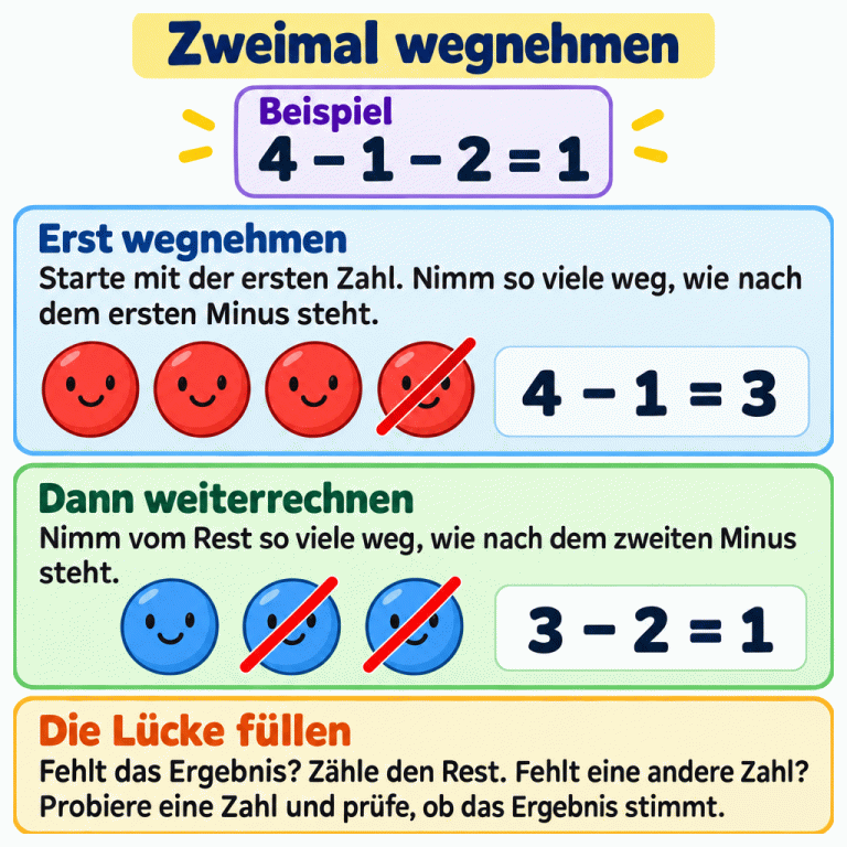Zweimal wegnehmen, erklärt am Beispiel 4 minus 1 minus 2 gleich 1: Zuerst wird von vier Plättchen eines weggenommen. Drei bleiben. Von diesen drei Plättchen werden danach zwei weggenommen. Eines bleibt. Fehlt das Ergebnis, zählt man den letzten Rest. Fehlt eine andere Zahl, setzt man eine Zahl ein und prüft die ganze Rechnung. Zweimal wegnehmen Erst wegnehmen: Starte mit der ersten Zahl. Nimm so viele weg, wie nach dem ersten Minus steht. Dann weiterrechnen: Nimm vom Rest so viele weg, wie nach dem zweiten Minus steht. Die Lücke füllen: Fehlt das Ergebnis? Zähle den Rest. Fehlt eine andere Zahl? Probiere eine Zahl und prüfe, ob das Ergebnis stimmt. Beispiel 4 − 1 − 2 = 1 4 − 1 = 3 3 − 2 = 1