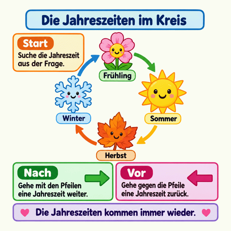 Ein Jahreszeitenkreis mit vier beschrifteten Bildern: Blüte für Frühling, Sonne für Sommer, Laubblatt für Herbst und Schneeflocke für Winter. Pfeile führen vom Frühling zum Sommer, zum Herbst, zum Winter und wieder zum Frühling. Suche die Jahreszeit aus der Frage. Für „nach“ gehst du eine Jahreszeit mit den Pfeilen weiter, für „vor“ eine Jahreszeit gegen die Pfeile zurück. Die Jahreszeiten im Kreis Start: Suche die Jahreszeit aus der Frage. Nach: Gehe mit den Pfeilen eine Jahreszeit weiter. Vor: Gehe gegen die Pfeile eine Jahreszeit zurück. Die Jahreszeiten kommen immer wieder. Frühling Sommer Herbst Winter