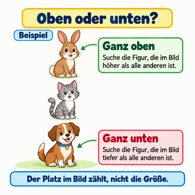 Ein Beispiel mit drei Tieren auf verschiedenen Höhen: Ein Hase ist ganz oben, eine Katze dazwischen und ein Hund ganz unten. Zwischen den vollständigen Tierfiguren sind deutliche Abstände. Ganz oben ist die Figur, die höher als alle anderen liegt. Ganz unten ist die Figur, die tiefer als alle anderen liegt. Entscheidend ist der Platz im Bild, nicht die Größe. Oben oder unten? Ganz oben: Suche die Figur, die im Bild höher als alle anderen ist. Ganz unten: Suche die Figur, die im Bild tiefer als alle anderen ist. Der Platz im Bild zählt, nicht die Größe. Beispiel