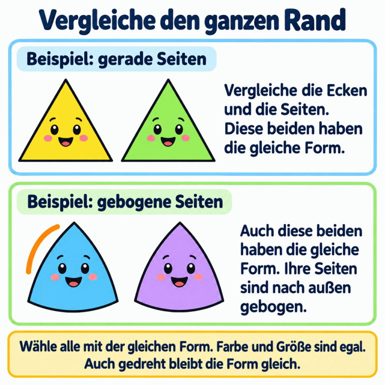 Zwei Beispiele zeigen jeweils ein Paar mit gleicher Form: oben zwei Dreiecke mit geraden Seiten, darunter zwei Figuren mit drei Ecken und nach außen gebogenen Seiten. Alle Ränder sind vollständig sichtbar. Entscheidend ist der ganze Rand, nicht die Farbe oder Größe. Auch gedreht bleibt eine Form gleich. Vergleiche den ganzen Rand Beispiel: gerade Seiten: Vergleiche die Ecken und die Seiten. Diese beiden haben die gleiche Form. Beispiel: gebogene Seiten: Auch diese beiden haben die gleiche Form. Ihre Seiten sind nach außen gebogen. Wähle alle mit der gleichen Form. Farbe und Größe sind egal. Auch gedreht bleibt die Form gleich.