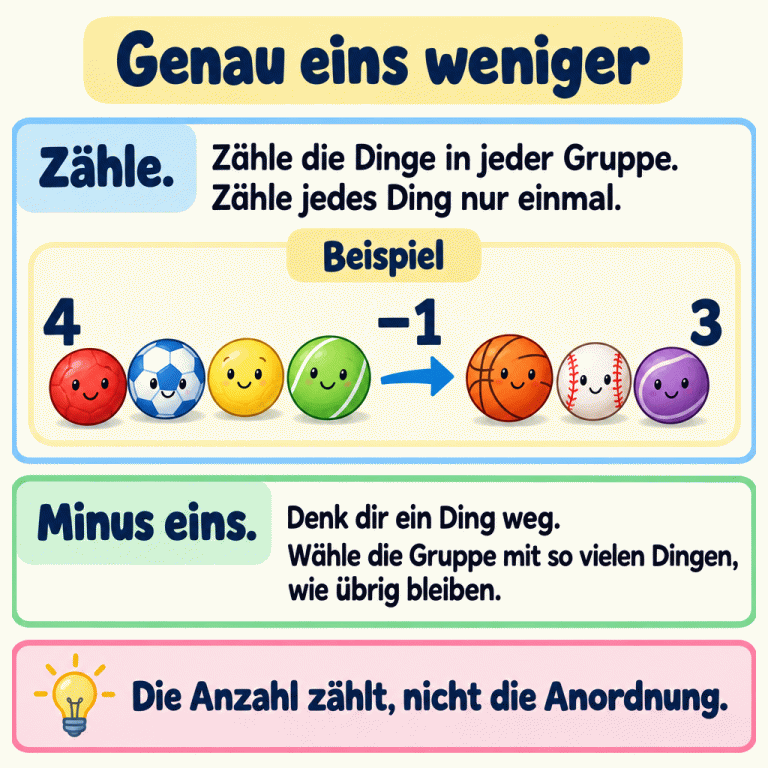 Genau eins weniger: Zähle jedes Ding in jeder Gruppe nur einmal. Ein Beispiel zeigt vier Bälle und danach drei Bälle. Minus eins bedeutet, ein Ding wegzunehmen. Suche die Gruppe mit so vielen Dingen, wie übrig bleiben. Die Anzahl zählt, nicht die Anordnung. Genau eins weniger Zähle.: Zähle die Dinge in jeder Gruppe. Zähle jedes Ding nur einmal. Minus eins.: Denk dir ein Ding weg. Wähle die Gruppe mit so vielen Dingen, wie übrig bleiben. Die Anzahl zählt, nicht die Anordnung. Beispiel 4 −1 3