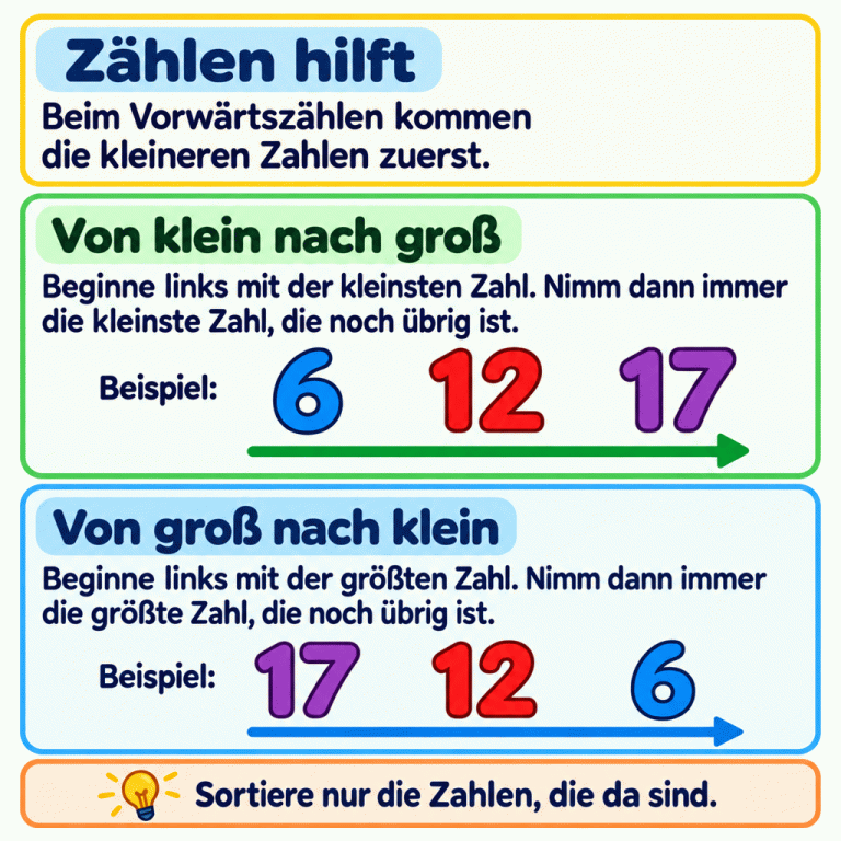 Die Lernkarte erklärt: Beim Vorwärtszählen kommen kleinere Zahlen zuerst. Von klein nach groß beginnt man links mit der kleinsten Zahl und nimmt danach immer die kleinste übrige Zahl. Das Beispiel lautet 6, 12, 17. Von groß nach klein beginnt man mit der größten Zahl und nimmt danach immer die größte übrige Zahl. Das Beispiel lautet 17, 12, 6. Sortiert werden nur die vorhandenen Zahlen; Zwischenzahlen dürfen fehlen. Zählen hilft: Beim Vorwärtszählen kommen die kleineren Zahlen zuerst. Von klein nach groß: Beginne links mit der kleinsten Zahl. Nimm dann immer die kleinste Zahl, die noch übrig ist. Von groß nach klein: Beginne links mit der größten Zahl. Nimm dann immer die größte Zahl, die noch übrig ist. Sortiere nur die Zahlen, die da sind. Beispiel: 6 12 17