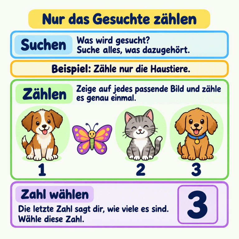 Nur das Gesuchte zählen: Erst herausfinden, welche Tiere oder Dinge gesucht werden. Im Beispiel werden Haustiere gezählt. Zu sehen sind zwei Hunde, eine Katze und ein Schmetterling. Nur die Hunde und die Katze erhalten die Zählzahlen 1, 2 und 3. Der Schmetterling wird übersprungen. Jedes passende Bild zählt genau einmal. Die letzte Zahl ist 3: So viele Haustiere sind es im Beispiel. Nur das Gesuchte zählen Suchen: Was wird gesucht? Suche alles, was dazugehört. Zählen: Zeige auf jedes passende Bild und zähle es genau einmal. Zahl wählen: Die letzte Zahl sagt dir, wie viele es sind. Wähle diese Zahl. Beispiel: Zähle nur die Haustiere. 1 2 3