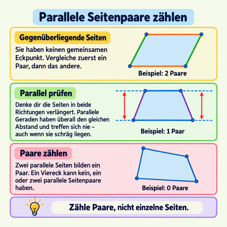 Parallele Seitenpaare zählen: Gegenüberliegende Seiten haben keinen gemeinsamen Eckpunkt. Prüfe beide Paare und denke dir ihre Seiten in beide Richtungen verlängert. Parallele Geraden bleiben überall gleich weit voneinander entfernt und treffen sich nie. Drei Lehrbeispiele zeigen ein Parallelogramm mit zwei parallelen Paaren, ein Trapez mit einem parallelen Paar und ein unregelmäßiges Viereck ohne paralleles Paar. Beim Trapez verdeutlichen gestrichelte Verlängerungen und zwei Abstandspfeile den gleichen Abstand. Zähle Paare, nicht einzelne Seiten. Parallele Seitenpaare zählen Gegenüberliegende Seiten: Sie haben keinen gemeinsamen Eckpunkt. Vergleiche zuerst ein Paar, dann das andere. Parallel prüfen: Denke dir die Seiten in beide Richtungen verlängert. Parallele Geraden haben überall den gleichen Abstand und treffen sich nie – auch wenn sie schräg liegen. Paare zählen: Zwei parallele Seiten bilden ein Paar. Ein Viereck kann kein, ein oder zwei parallele Seitenpaare haben. Zähle Paare, nicht einzelne Seiten. Beispiel: 2 Paare Beispiel: 1 Paar Beispiel: 0 Paare