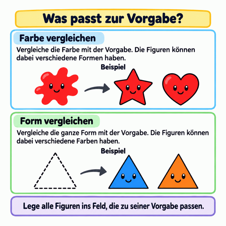 Zwei Beispiele erklären den Vergleich mit einer Vorgabe. Beim Farbvergleich haben ein Farbfleck, ein Stern und ein Herz dieselbe rote Farbe, obwohl ihre Formen verschieden sind. Beim Formvergleich passen ein blaues und ein orangefarbenes Dreieck zur gepunkteten Dreiecksvorlage. Für jedes Feld wird die jeweilige Vorgabe geprüft; alle dazu passenden Figuren werden hineingelegt. Was passt zur Vorgabe? Farbe vergleichen: Vergleiche die Farbe mit der Vorgabe. Die Figuren können dabei verschiedene Formen haben. Form vergleichen: Vergleiche die ganze Form mit der Vorgabe. Die Figuren können dabei verschiedene Farben haben. Lege alle Figuren ins Feld, die zu seiner Vorgabe passen. Beispiel