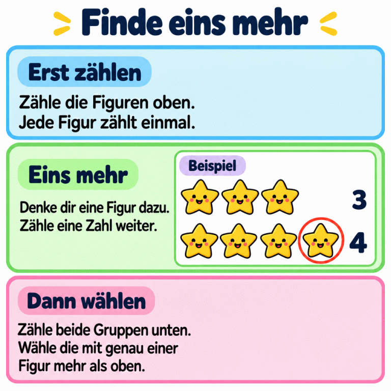 Finde eins mehr: Zähle zuerst die Figuren der oberen Gruppe und dann eine Zahl weiter. Das Beispiel zeigt drei Sterne und vier Sterne. Der zusätzliche Stern ist hervorgehoben. Zähle anschließend beide Gruppen unten und wähle die mit genau einer Figur mehr als oben. Finde eins mehr Erst zählen: Zähle die Figuren oben. Jede Figur zählt einmal. Eins mehr: Denke dir eine Figur dazu. Zähle eine Zahl weiter. Dann wählen: Zähle beide Gruppen unten. Wähle die mit genau einer Figur mehr als oben. Beispiel 3 4