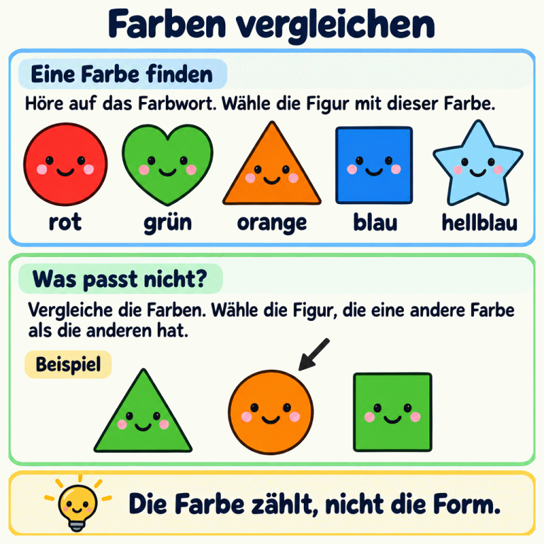 Farben vergleichen: Ein Farbschlüssel zeigt Rot, Grün, Orange, Blau und Hellblau mit den passenden Farbwörtern. Bei einer genannten Farbe wählst du die Figur mit dieser Farbe. Ein Beispiel darunter zeigt zwei grüne Figuren mit unterschiedlichen Formen und einen orangefarbenen Kreis. Der Kreis hat als einzige Figur eine andere Farbe. Die Farbe zählt, nicht die Form. Farben vergleichen Eine Farbe finden: Höre auf das Farbwort. Wähle die Figur mit dieser Farbe. Was passt nicht?: Vergleiche die Farben. Wähle die Figur, die eine andere Farbe als die anderen hat. Die Farbe zählt, nicht die Form. rot grün orange blau hellblau Beispiel