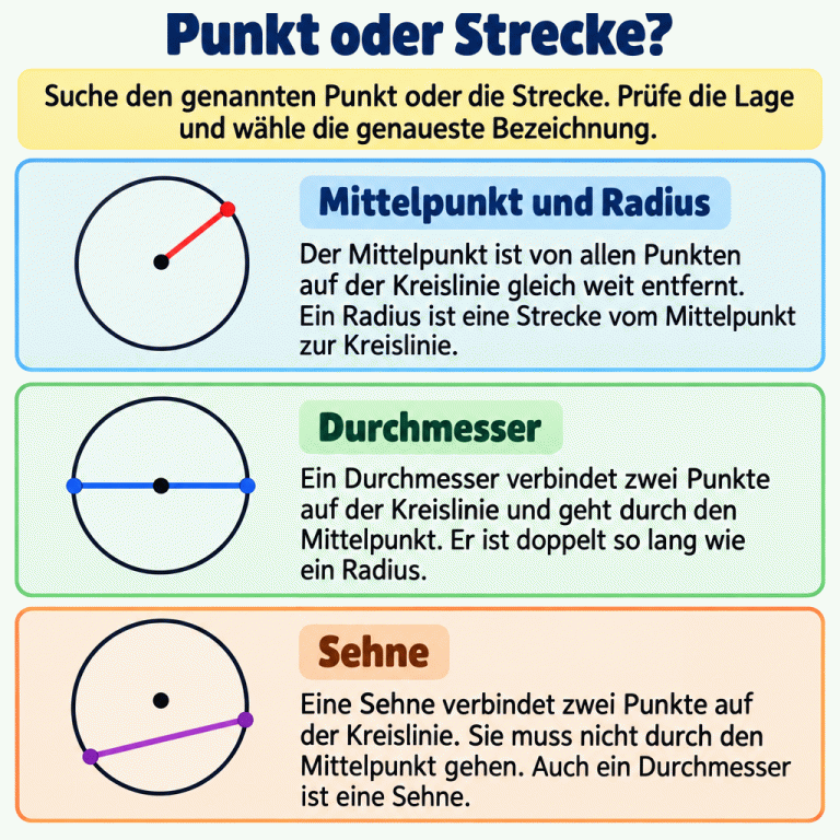 Drei Kreiszeichnungen erklären die Begriffe. Die erste zeigt einen Mittelpunkt und einen Radius vom Mittelpunkt zur Kreislinie. Alle Punkte auf der Kreislinie sind vom Mittelpunkt gleich weit entfernt. Die zweite zeigt einen Durchmesser mit beiden Endpunkten auf der Kreislinie und dem Mittelpunkt auf der Strecke. Er besteht aus zwei gleich langen Radien. Die dritte zeigt eine Sehne zwischen zwei Punkten auf der Kreislinie, die am Mittelpunkt vorbeiführt. Auch ein Durchmesser ist eine Sehne. Zum Lösen sucht man den genannten Punkt oder die Strecke, prüft die Lage und wählt die genaueste Bezeichnung. Punkt oder Strecke? Mittelpunkt und Radius: Der Mittelpunkt ist von allen Punkten auf der Kreislinie gleich weit entfernt. Ein Radius ist eine Strecke vom Mittelpunkt zur Kreislinie. Durchmesser: Ein Durchmesser verbindet zwei Punkte auf der Kreislinie und geht durch den Mittelpunkt. Er ist doppelt so lang wie ein Radius. Sehne: Eine Sehne verbindet zwei Punkte auf der Kreislinie. Sie muss nicht durch den Mittelpunkt gehen. Auch ein Durchmesser ist eine Sehne. Suche den genannten Punkt oder die Strecke. Prüfe die Lage und wähle die genaueste Bezeichnung.