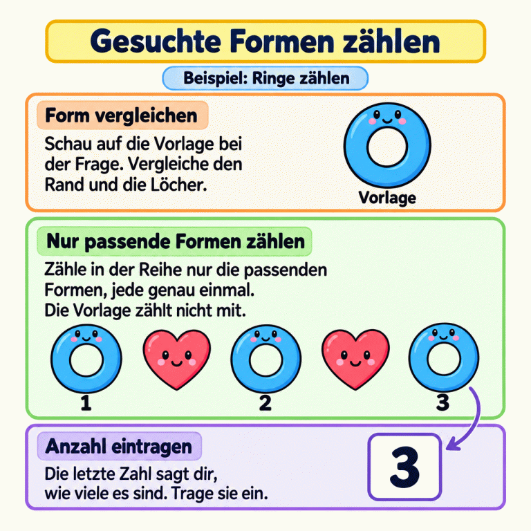 Ein Beispiel zeigt, wie du nur die gesuchte Form zählst. Ein einzelner Ring ist als Vorlage gekennzeichnet und wird nicht mitgezählt. In einer gemischten Reihe stehen drei Ringe und zwei Herzen. Nur die Ringe bekommen der Reihe nach die Zählzahlen 1, 2 und 3. Die Herzen werden ausgelassen. Die letzte Zählzahl 3 ist die Anzahl der Ringe und wird als Ergebnis eingetragen. Gesuchte Formen zählen Form vergleichen: Schau auf die Vorlage bei der Frage. Vergleiche den Rand und die Löcher. Nur passende Formen zählen: Zähle in der Reihe nur die passenden Formen, jede genau einmal. Die Vorlage zählt nicht mit. Anzahl eintragen: Die letzte Zahl sagt dir, wie viele es sind. Trage sie ein. Beispiel: Ringe zählen Vorlage 1 2 3