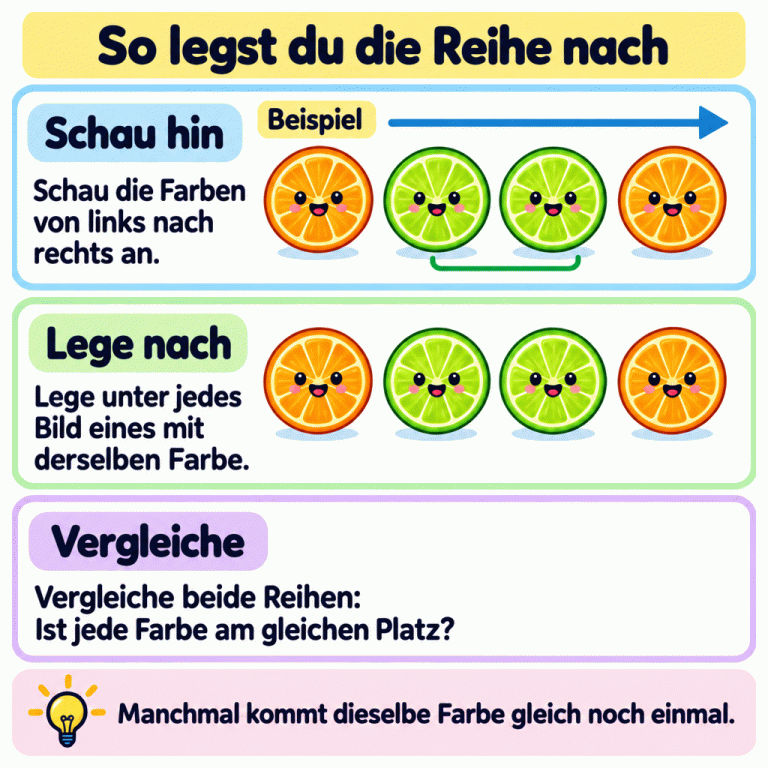 Ein Beispiel zeigt zwei gleich nachgelegte Reihen aus Fruchtscheiben. In beiden Reihen folgen von links nach rechts Orange, Grün, Grün und Orange. Die Anleitung erklärt: die Farben von links nach rechts anschauen, unter jedes Bild eines mit derselben Farbe legen und anschließend jeden Platz vergleichen. Auch dieselbe Farbe kann direkt noch einmal vorkommen. So legst du die Reihe nach Schau hin: Schau die Farben von links nach rechts an. Lege nach: Lege unter jedes Bild eines mit derselben Farbe. Vergleiche: Vergleiche beide Reihen: Ist jede Farbe am gleichen Platz? Manchmal kommt dieselbe Farbe gleich noch einmal. Beispiel