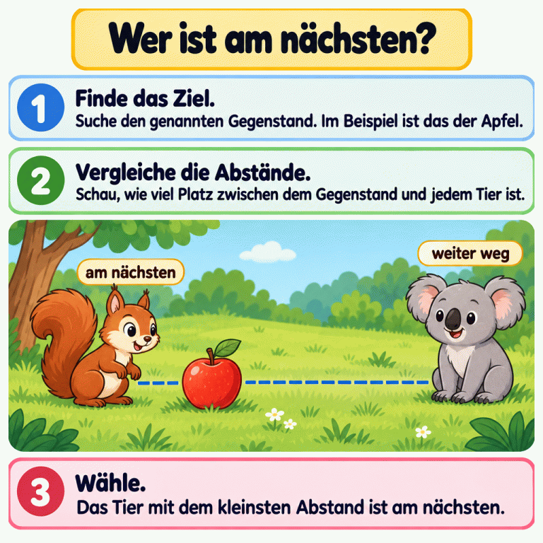 Lehrkarte zum Vergleichen von Abständen. Im Beispiel ist ein Apfel das Ziel. Ein Eichhörnchen ist mit wenig freiem Platz daneben zu sehen, ein Koala deutlich weiter entfernt. Das Eichhörnchen ist mit „am nächsten“ beschriftet, der Koala mit „weiter weg“. Die Anleitung erklärt: den genannten Gegenstand finden, seinen Abstand zu jedem Tier vergleichen und das Tier mit dem kleinsten Abstand wählen. Wer ist am nächsten? Finde das Ziel.: Suche den genannten Gegenstand. Im Beispiel ist das der Apfel. Vergleiche die Abstände.: Schau, wie viel Platz zwischen dem Gegenstand und jedem Tier ist. Wähle.: Das Tier mit dem kleinsten Abstand ist am nächsten. am nächsten weiter weg 1 2 3