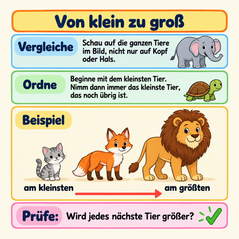 Ein gekennzeichnetes Beispiel zeigt eine kleine Katze, einen größeren Fuchs und einen noch größeren Löwen in aufsteigender Größe. Die Anleitung erklärt: Ganze Tiere vergleichen, zuerst das kleinste wählen und danach immer das kleinste der übrigen Tiere nehmen. Am Ende prüfen, ob jedes nächste Tier größer ist. Von klein zu groß Vergleiche: Schau auf die ganzen Tiere im Bild, nicht nur auf Kopf oder Hals. Ordne: Beginne mit dem kleinsten Tier. Nimm dann immer das kleinste Tier, das noch übrig ist. Prüfe: Wird jedes nächste Tier größer? Beispiel am kleinsten am größten ✓