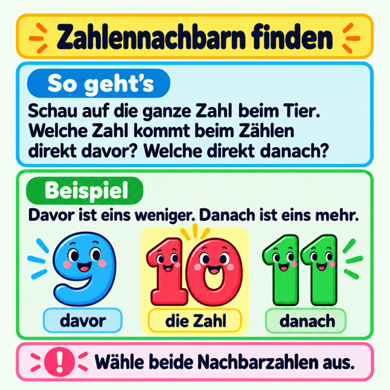 Zahlennachbarn finden: Lies die ganze Zahl beim Tier und überlege, welche Zahl beim Zählen direkt davor und direkt danach kommt. Das Lehrbeispiel zeigt 9, 10 und 11. Vor 10 kommt 9: eins weniger. Nach 10 kommt 11: eins mehr. Wähle beide Nachbarzahlen aus. Zahlennachbarn finden So geht’s: Schau auf die ganze Zahl beim Tier. Welche Zahl kommt beim Zählen direkt davor? Welche direkt danach? Beispiel: Davor ist eins weniger. Danach ist eins mehr. Wähle beide Nachbarzahlen aus. 9 10 11 davor die Zahl danach !