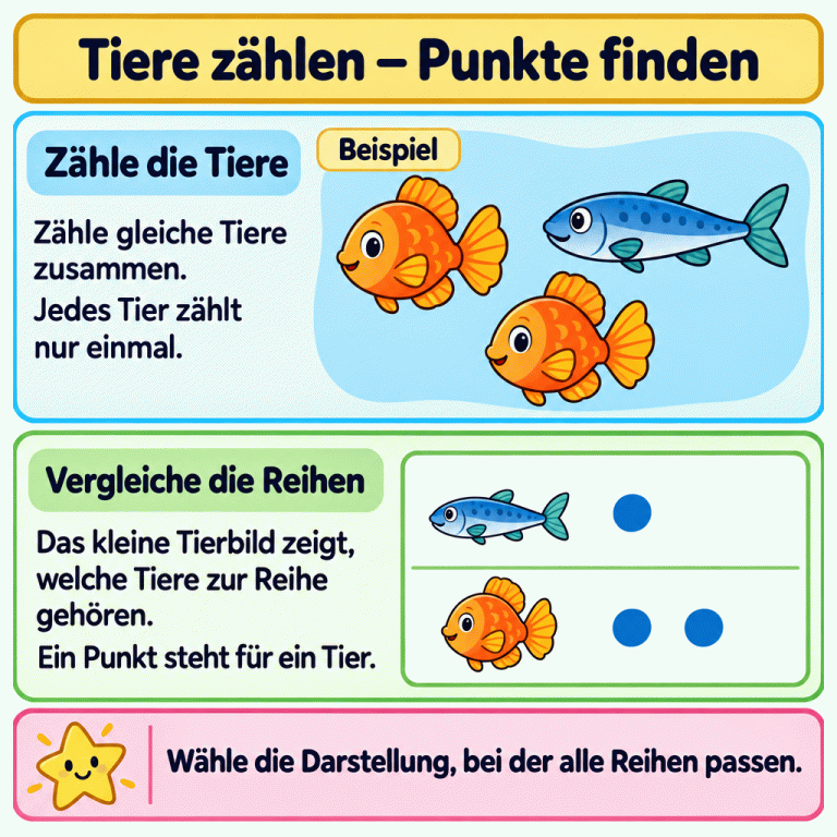 Tiere zählen und Punkte zuordnen: Zähle gleiche Tiere zusammen und jedes Tier nur einmal. Das Beispiel zeigt zwei rundliche Fische und einen länglichen Fisch. In der Punktdarstellung steht beim kleinen Bild des rundlichen Fisches eine Reihe mit zwei Punkten, beim länglichen Fisch eine Reihe mit einem Punkt. Die kleinen Tierbilder kennzeichnen die Reihen und werden nicht mitgezählt. Ein Punkt steht für ein Tier. Wähle die Darstellung, bei der alle Reihen passen. Tiere zählen – Punkte finden Zähle die Tiere: Zähle gleiche Tiere zusammen. Jedes Tier zählt nur einmal. Vergleiche die Reihen: Das kleine Tierbild zeigt, welche Tiere zur Reihe gehören. Ein Punkt steht für ein Tier. Wähle die Darstellung, bei der alle Reihen passen. Beispiel