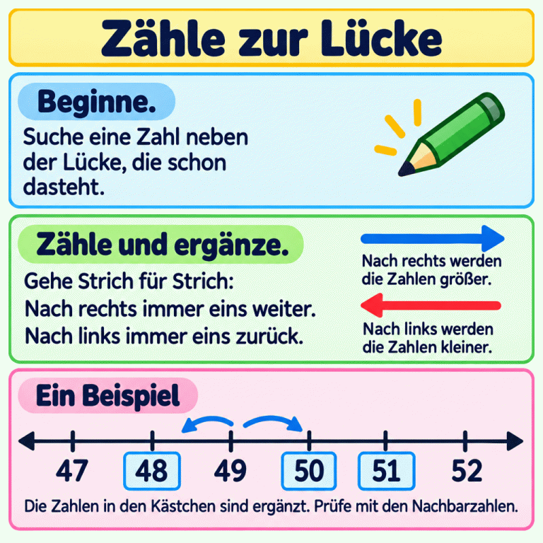 Zähle von einer gegebenen Zahl aus Strich für Strich: nach rechts eins weiter, nach links eins zurück. Das ausgefüllte Beispiel zeigt 47, 48, 49, 50, 51 und 52. Die ergänzten Zahlen 48, 50 und 51 stehen in Kästchen. Prüfe die Ergänzungen mit den Nachbarzahlen. Zähle zur Lücke Beginne.: Suche eine Zahl neben der Lücke, die schon dasteht. Zähle und ergänze.: Gehe Strich für Strich:
Nach rechts immer eins weiter.
Nach links immer eins zurück. Ein Beispiel: Die Zahlen in den Kästchen sind ergänzt. Prüfe mit den Nachbarzahlen. 47 48 49 50 51 52 Nach rechts werden die Zahlen größer. Nach links werden die Zahlen kleiner.