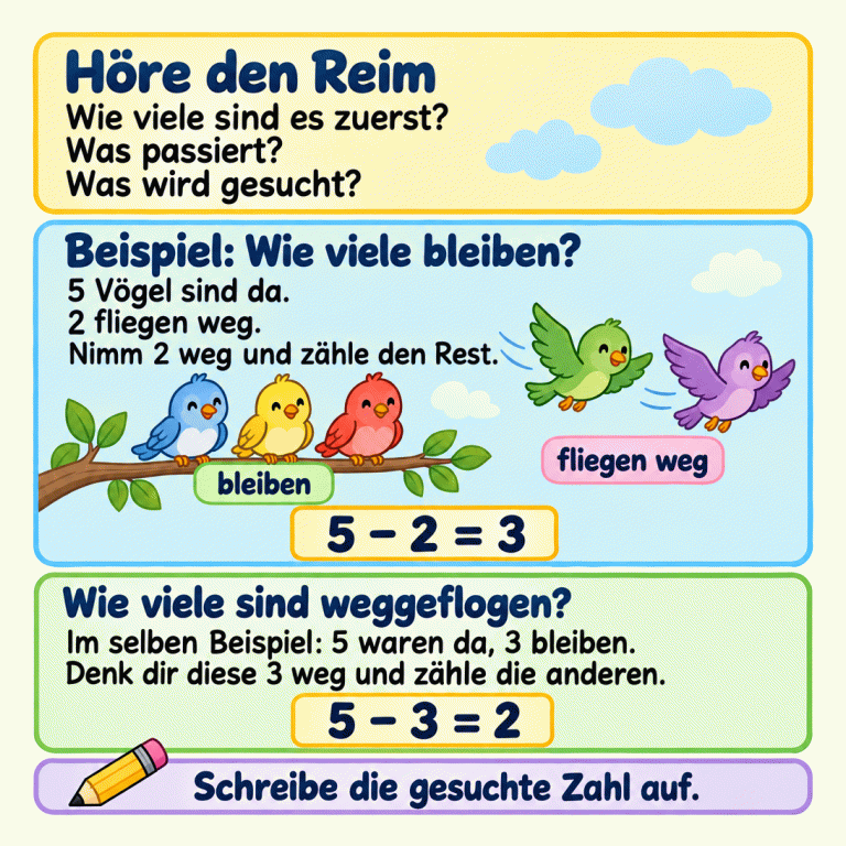 Eine Lernkarte erklärt Minusaufgaben in Reimen. Zuerst fragst du: Wie viele sind es am Anfang, was passiert und was wird gesucht? Das Beispiel zeigt fünf Vögel: Drei bleiben, zwei fliegen weg. Für die gebliebenen Vögel rechnest du 5 minus 2 gleich 3. Sind Anfang und Rest bekannt, kannst du auch herausfinden, wie viele weggeflogen sind: 5 minus 3 gleich 2. Beide Rechnungen gehören zum selben Beispiel. Höre den Reim: Wie viele sind es zuerst? Was passiert? Was wird gesucht? Beispiel: Wie viele bleiben?: 5 Vögel sind da. 2 fliegen weg. Nimm 2 weg und zähle den Rest. Wie viele sind weggeflogen?: Im selben Beispiel: 5 waren da, 3 bleiben. Denk dir diese 3 weg und zähle die anderen. Schreibe die gesuchte Zahl auf. bleiben fliegen weg 5 − 2 = 3 5 − 3 = 2